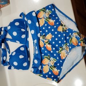 NWOT Vintage style high waist blue/white polka dot and oranges halter bikini XL